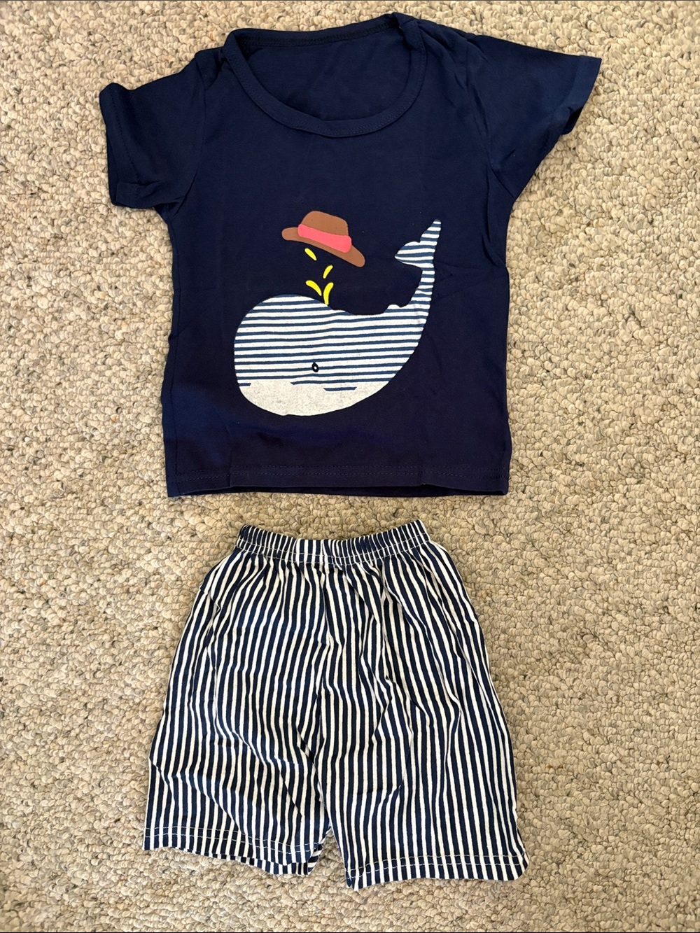 Navy whale t-shirt with matching striped shorts Size 18-24 months